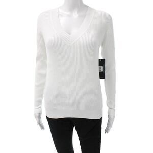 Korye Women V-Neck Long Sleeve White Pullover Size S